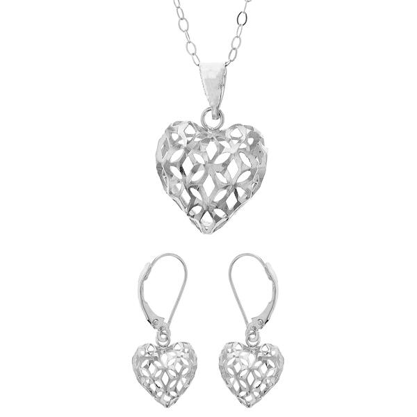 Sterling Silver 3D Domed Hearts Pendants & Earring Set - image 
