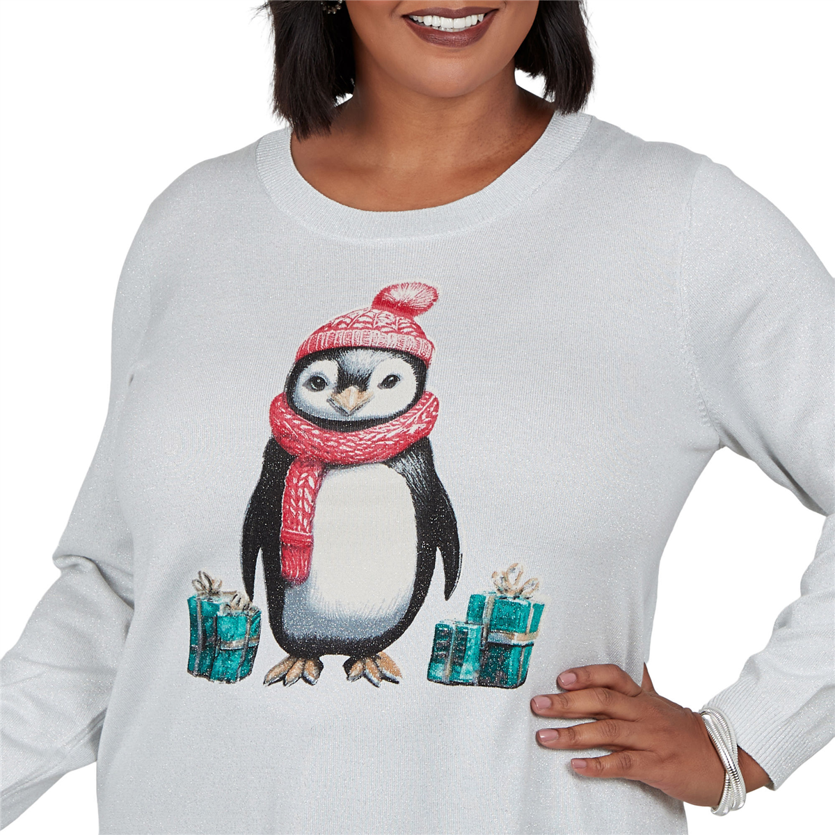Plus Size Emaline Holiday Festivities Penguin Graphic Sweater