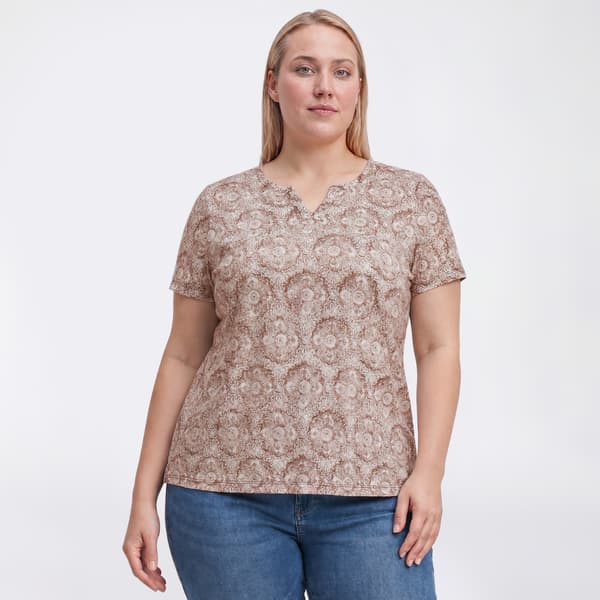 Plus Size Emily Daniels Short Sleeve Medallion Split Neck Blouse - image 