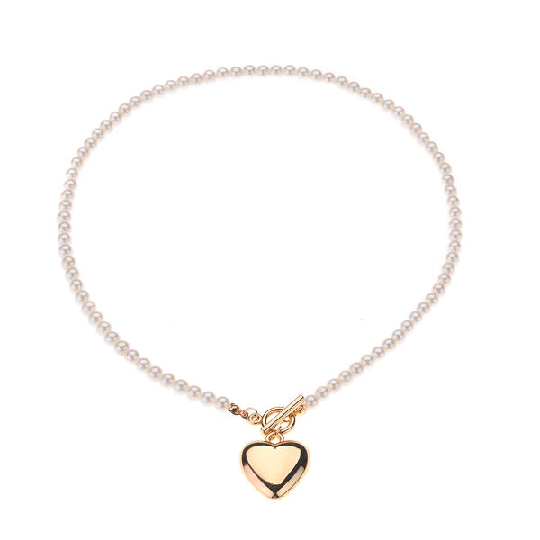 Ashley Pearl Toggle Necklace w/ Gold Bubble Heart Charm - image 
