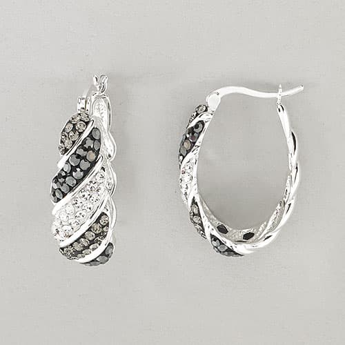 Sterling Silver & Black Crystal Oval Hoop Earrings - image 