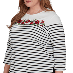 Plus Size Alfred Dunner Classics 3/4 Sleeve Poinsettia Stripe Tee