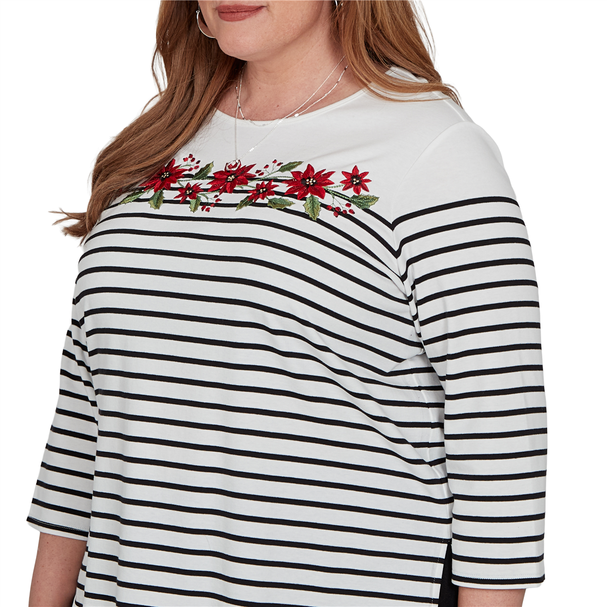 Plus Size Alfred Dunner Classics 3/4 Sleeve Poinsettia Stripe Tee