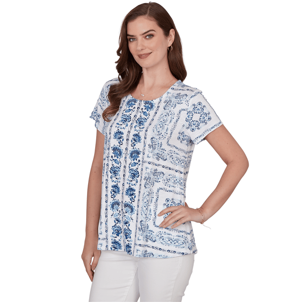 Petite Ruby Rd. French Riviera Short Sleeve Floral Blouse
