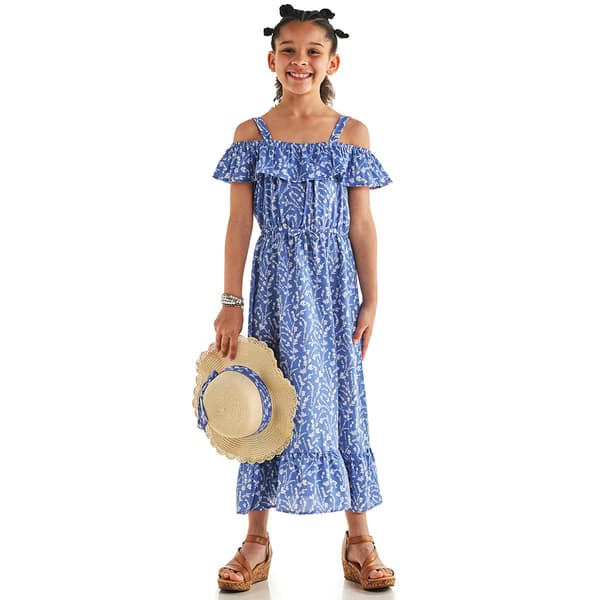 Girls &#40;7-16&#41; paper doll Floral Off Shoulder Maxi Dress with Hat - image 
