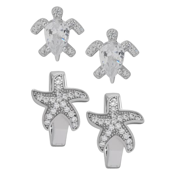 Silver Plated 2pr. Turtle & Starfish Hoop Earrings - image 