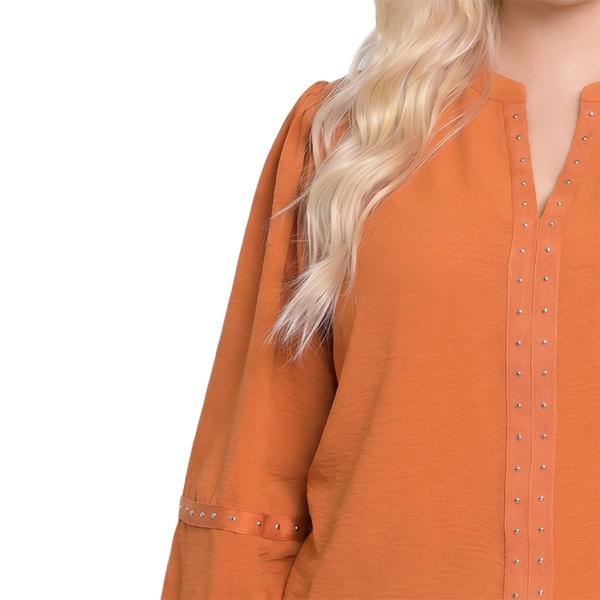 Plus Size NY Collection Long Smocked Sleeve Studded Detail Blouse