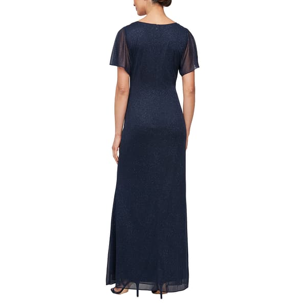 Womens SLNY Flutter Sleeve Solid Glitter Mesh Maxi Dress