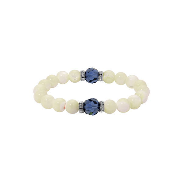 1928 Silver-Tone Mother of Pearl & Blue Bead Stretch Bracelet - image 