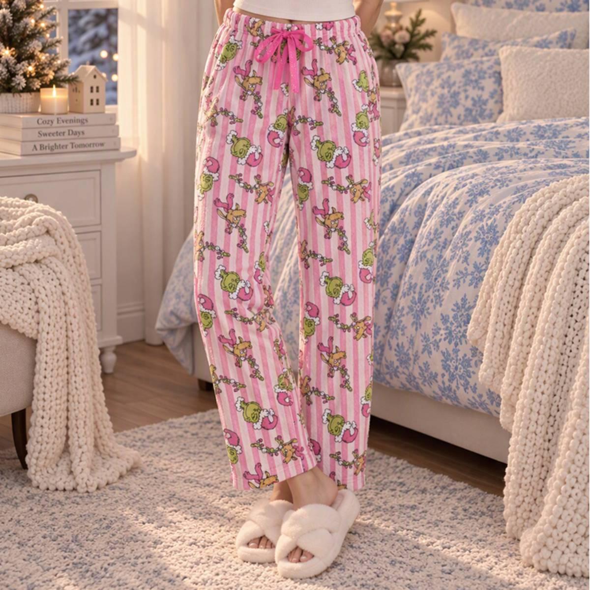 Juniors MJC Grinch & Max Stripe Plush Pajama Bottoms