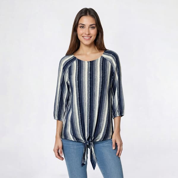 Petite Preswick & Moore(R) 3/4 Sleeve Tie Front Stripe Blouse