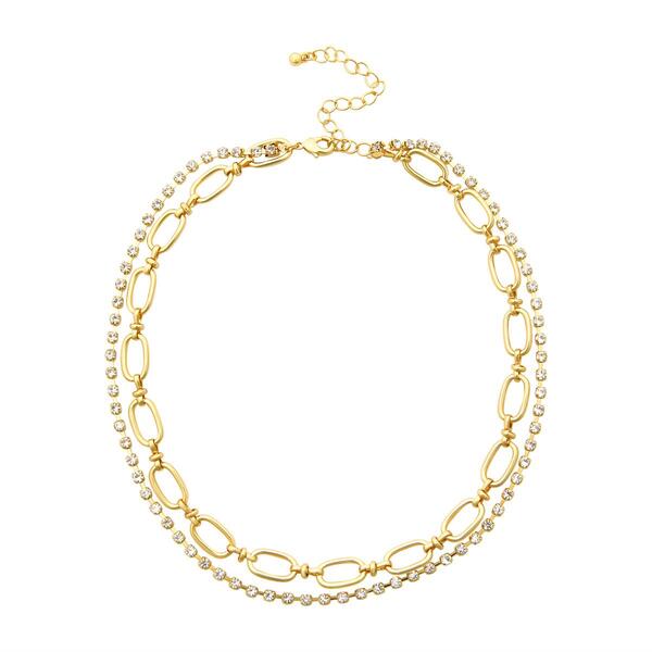 Roman Gold-Tone 2 Layer Crystal Chain & Chain Link Necklace - image 