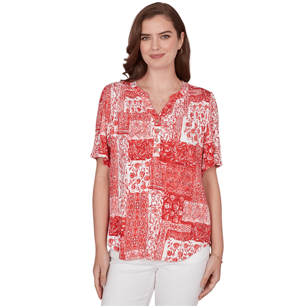 Womens Ruby Rd. French Riviera Elbow Sleeve Patchwork Henley Tee