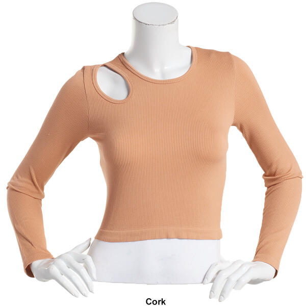Juniors Poof! Long Sleeve Seamless Rib Shoulder Cut Out Crew Top
