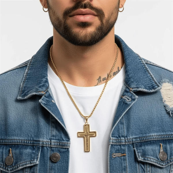 Mens Iron Saints Our Father Prayer Gold Spinner Cross Necklace