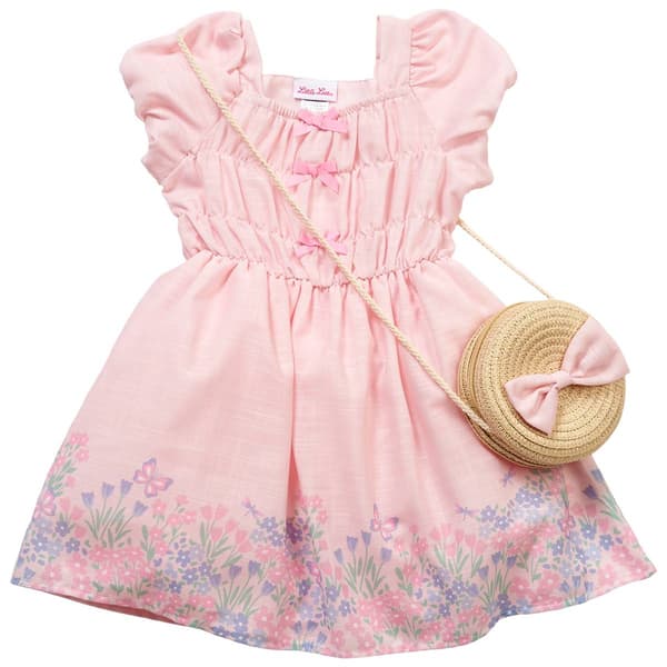 Girls (4-6x) Little Lass(R) Faux Linen Floral Border Dress