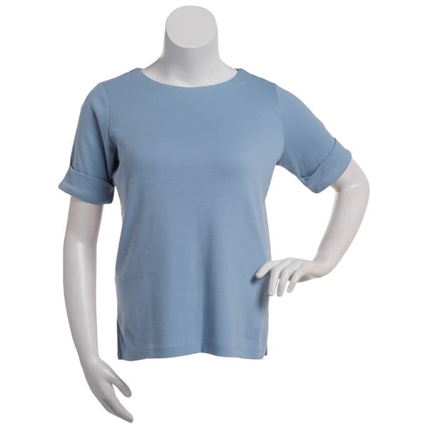 Petite Hasting & Smith Elbow Sleeve Solid Boat Neck Tee - image 