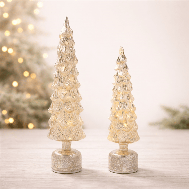 Melrose LED Mercury Glass Rotating Pine Tree - Set of 2