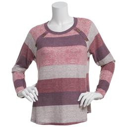 Plus Size Tru Self Long Sleeve Stripe Button Shoulder Sweater