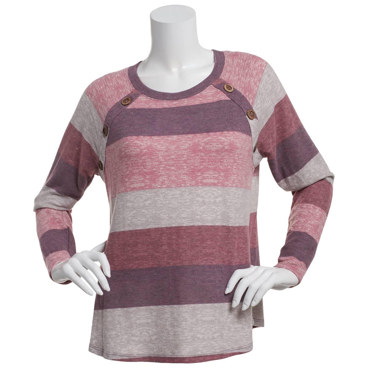 Plus Size Tru Self Long Sleeve Stripe Button Shoulder Sweater