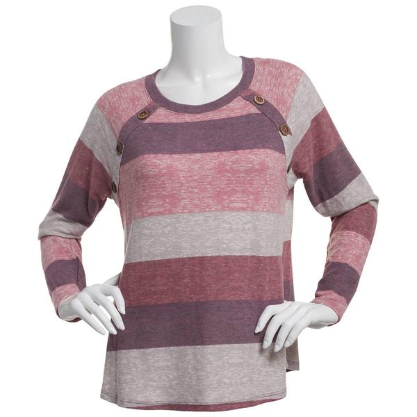 Womens Tru Self Long Sleeve Stripe Button Shoulder Sweater - image 