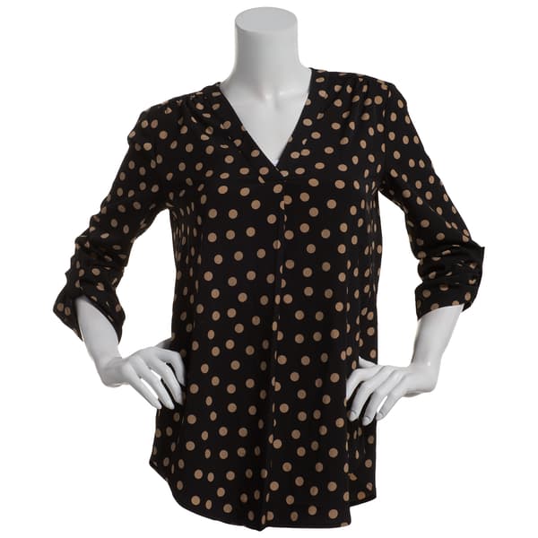 Womens Anne Klein Long Sleeve Neck Pleat Front Dot Tunic Blouse