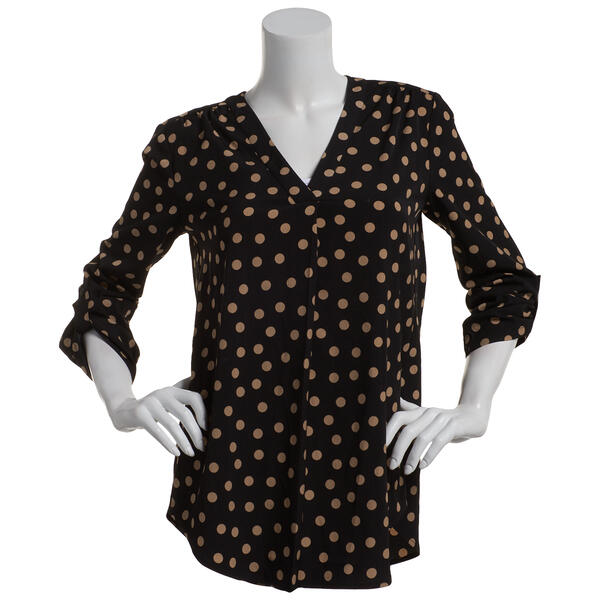 Womens Anne Klein Long Sleeve Neck Pleat Front Dot Tunic Blouse - image 
