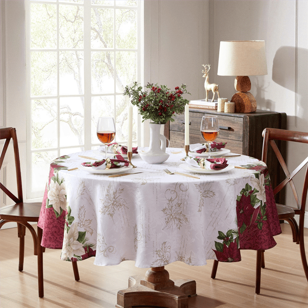 Threadmade Clarette Poinsettia Holiday Fabric Tablecloth