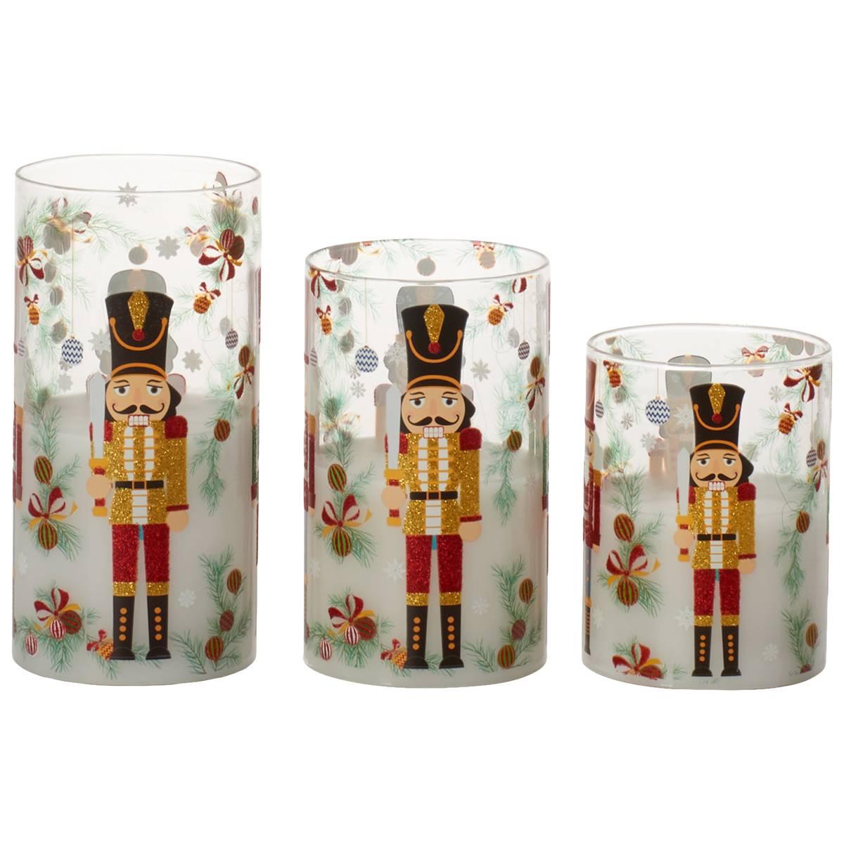 Fitz and Floyd Nutcracker LED Wax Filled Glass Candles - Set of 3