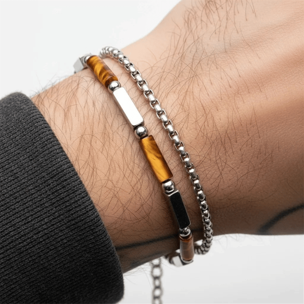 Mens Iron Saints Tiger Eye & Layered Curb Chain Bracelet