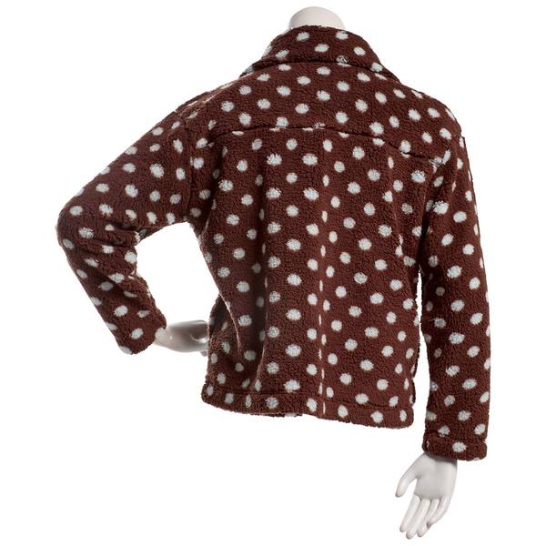 Juniors Pink Rose Polka Dot Sherpa Zip Front Jacket- Brown