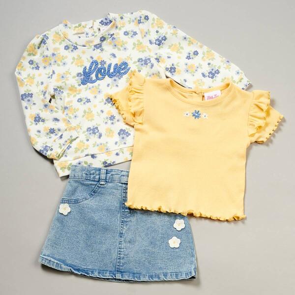 Toddler Girl Little Lass&#40;R&#41; 3pc. Love Floral Tops & Denim Skirt Set - image 