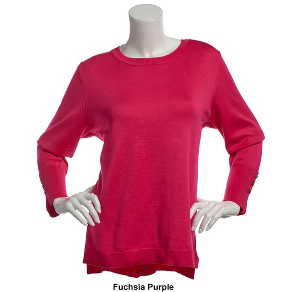 Womens Retrology Crew Neck Button Sleeve Side Slit Sweater