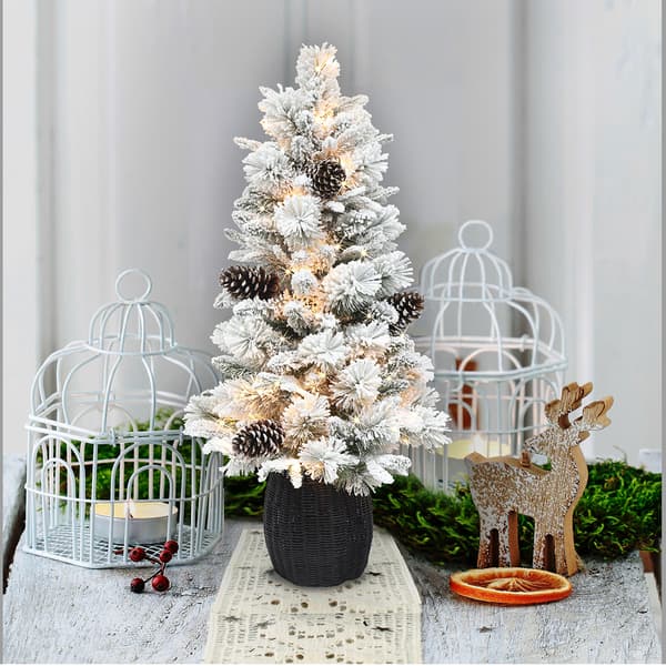 Puleo International 3.5 ft. Pre-Lit Flocked Rattan Christmas Tree