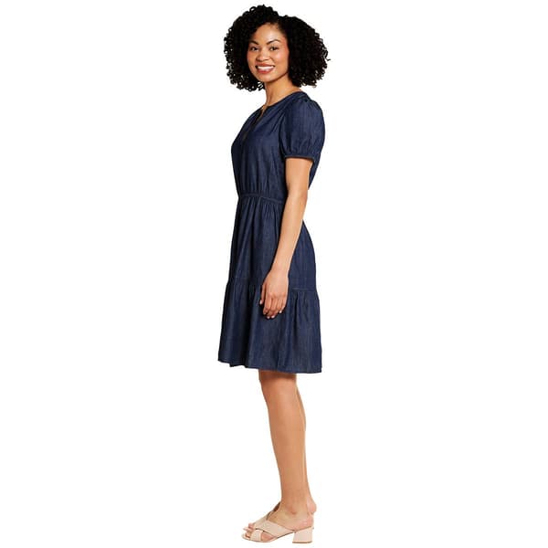 Womens Nautica Chambray Puffed Sleeve Tiered A-Line Dress