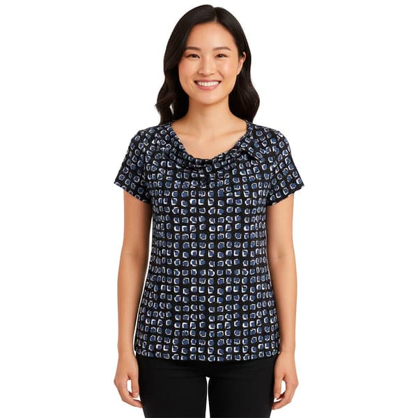 Petite Anne Klein Short Sleeve Asymmetric Neck Geometric Blouse