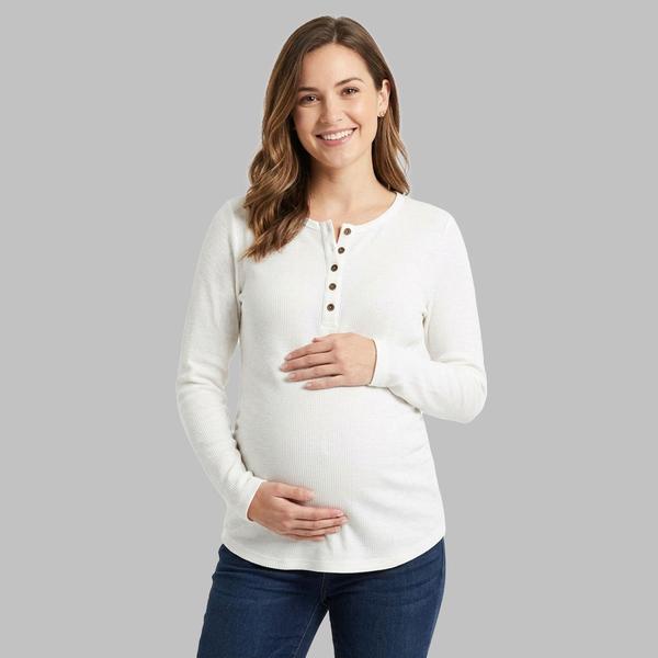 Womens Times Two Maternity Henley Solid Cinch Waffle Tee - image 