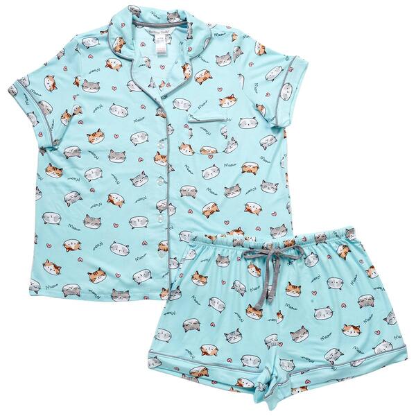 Juniors Pillow Talk Short Sleeve Suede Cat Face Shorty Pajama Set - image 