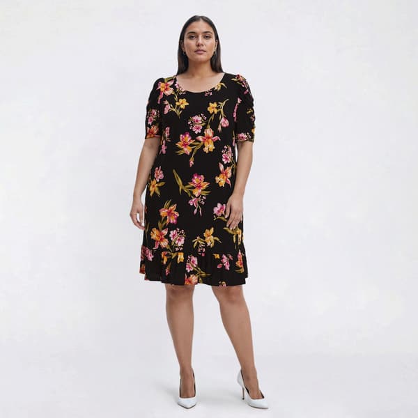 Plus Size MSK Puff Sleeve Floral Ruffle Hem Shift Dress - image 