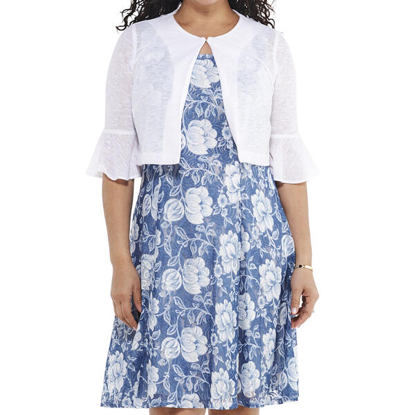 Womens Perceptions Floral Print Dress w/ Ruffle Sleeve Jacket
