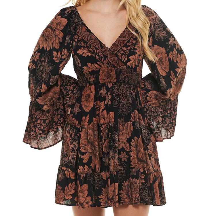 Juniors Angie Long Sleeve Floral Surplice Mini A-Line Dress