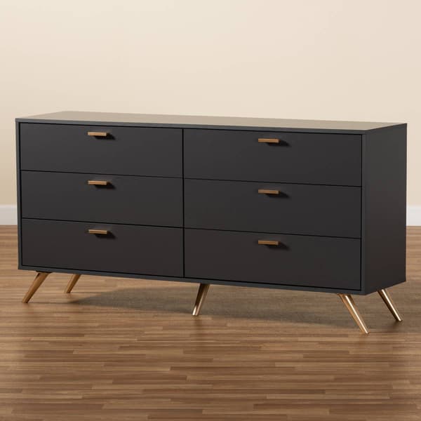Baxton Studio Kelson Dark Grey & Gold Wood 6-Drawer Dresser
