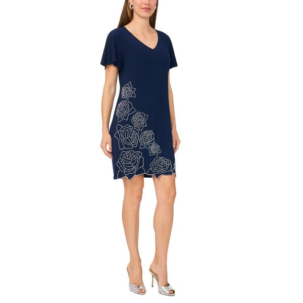 Womens MSK Short Sleeve V Neck Beaded Rose Trim Sheath Dress