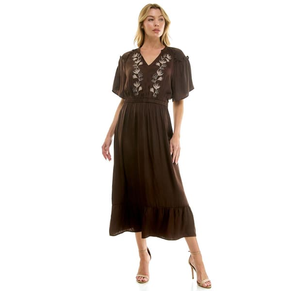Womens Figueroa & Flower Short Sleeve Charmeuse Embroidered Midi