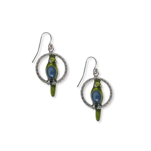 1928 Pewter Blue & Green Enamel Parrot Drop Earrings - image 
