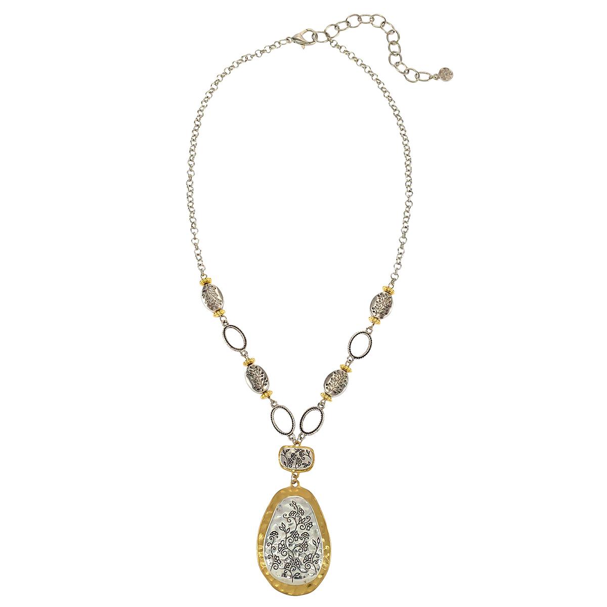 Ruby Rd. Two-Tone Short Etched Oval Overlay Pendant Necklace