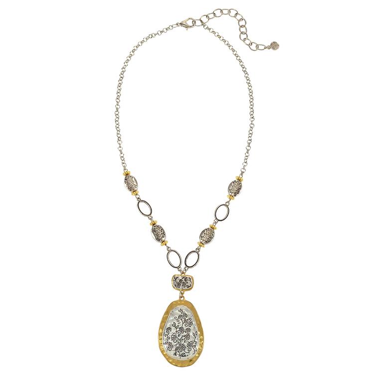 Ruby Rd. Two-Tone Short Etched Oval Overlay Pendant Necklace