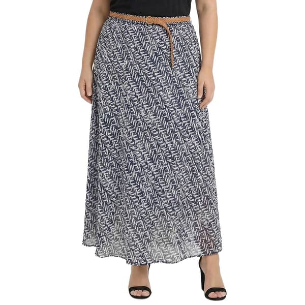 Plus Size NY Collection Chiffon Printed Longer Skirt With Belt