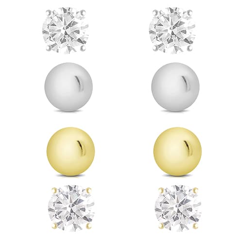 Gold/Silver Plated CZ 4pr. Stud Earrings Set