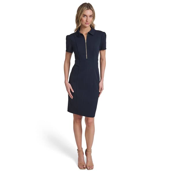 Womens Tommy Hilfiger Short Sleeve Zip Front Collar Crepe Dress